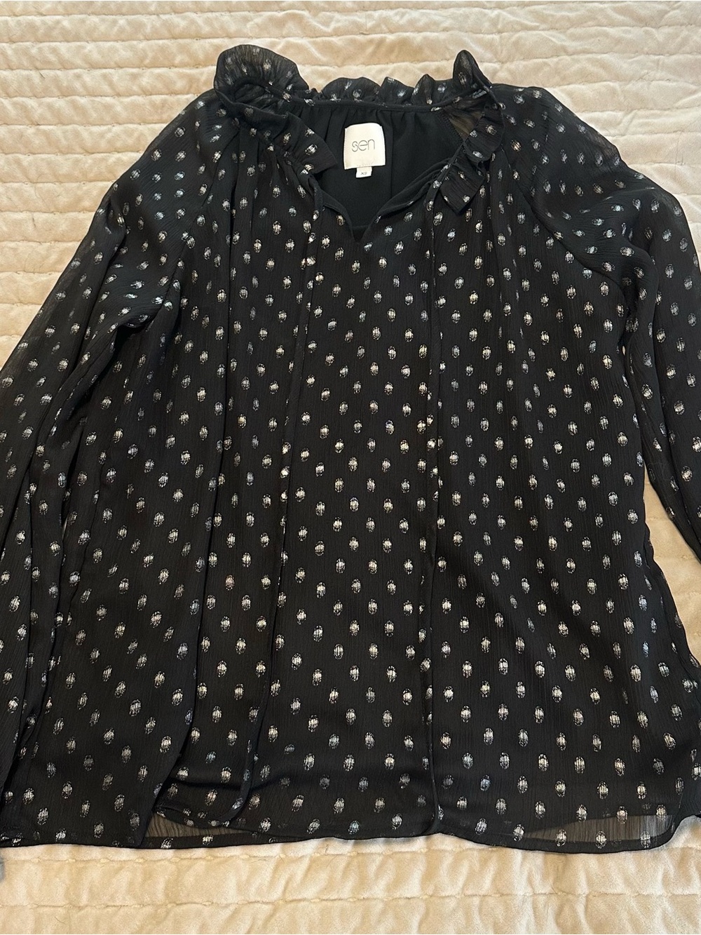 Sen Black Metallic Dot Ruffle-Neck Blouse